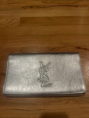Saint Laurent Silver Metallic Leather Envelope Clutch